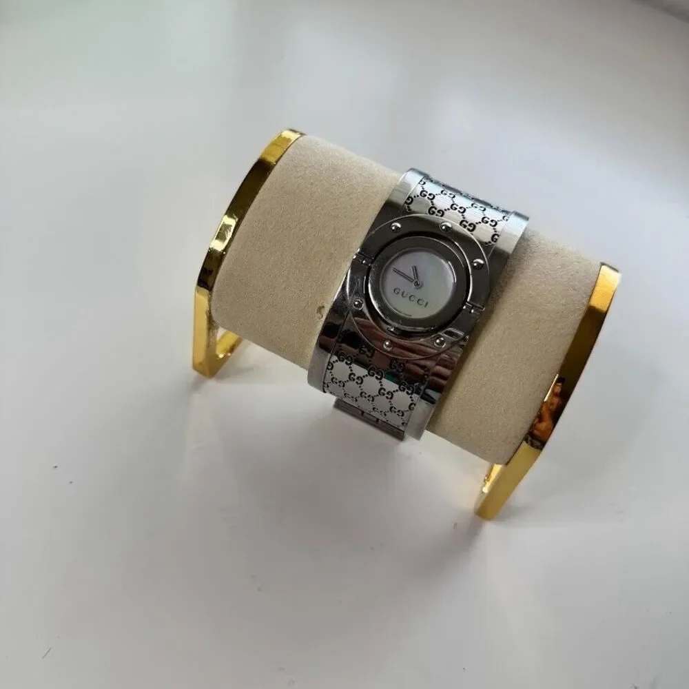 Gucci Wide Twirl Watch Bangle Silver Emboss Logo Swiss Made Mother Of Pearl 90s